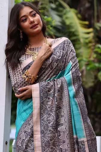 Sky blue color tussar silk blend madhubani print saree