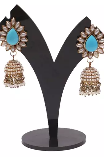 Torquise blue pearl jhumki earrings