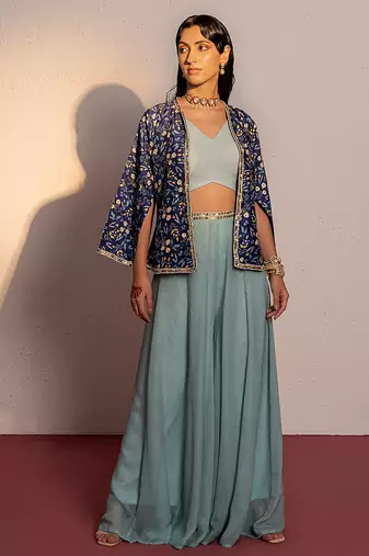 Royal blue embroidered viscose raw silk co ord set