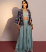 Royal blue embroidered viscose raw silk co ord set