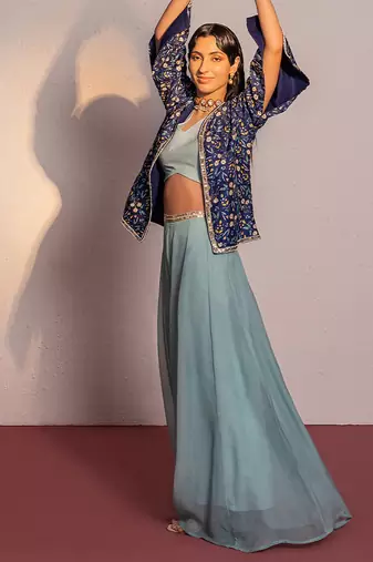 Royal blue embroidered viscose raw silk co ord set