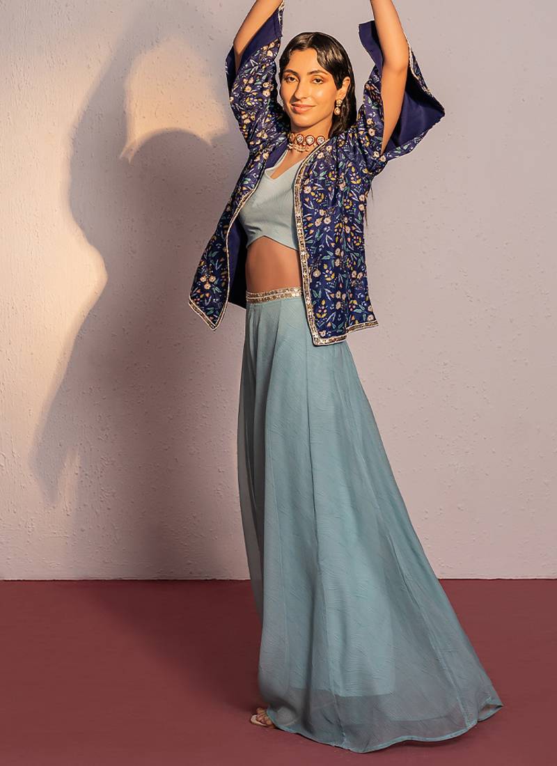 Royal blue embroidered viscose raw silk co ord set