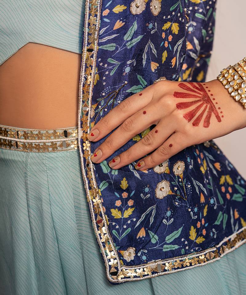 Royal blue embroidered viscose raw silk co ord set