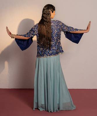Royal blue embroidered viscose raw silk co ord set 4