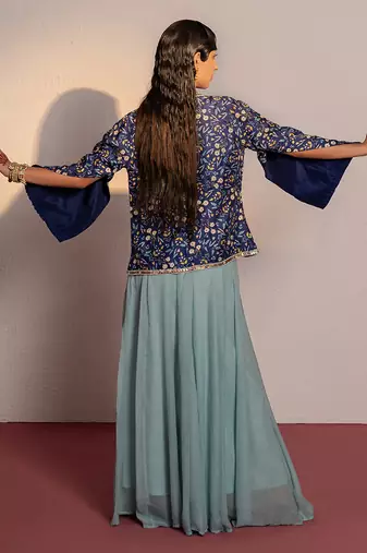 Royal blue embroidered viscose raw silk co ord set
