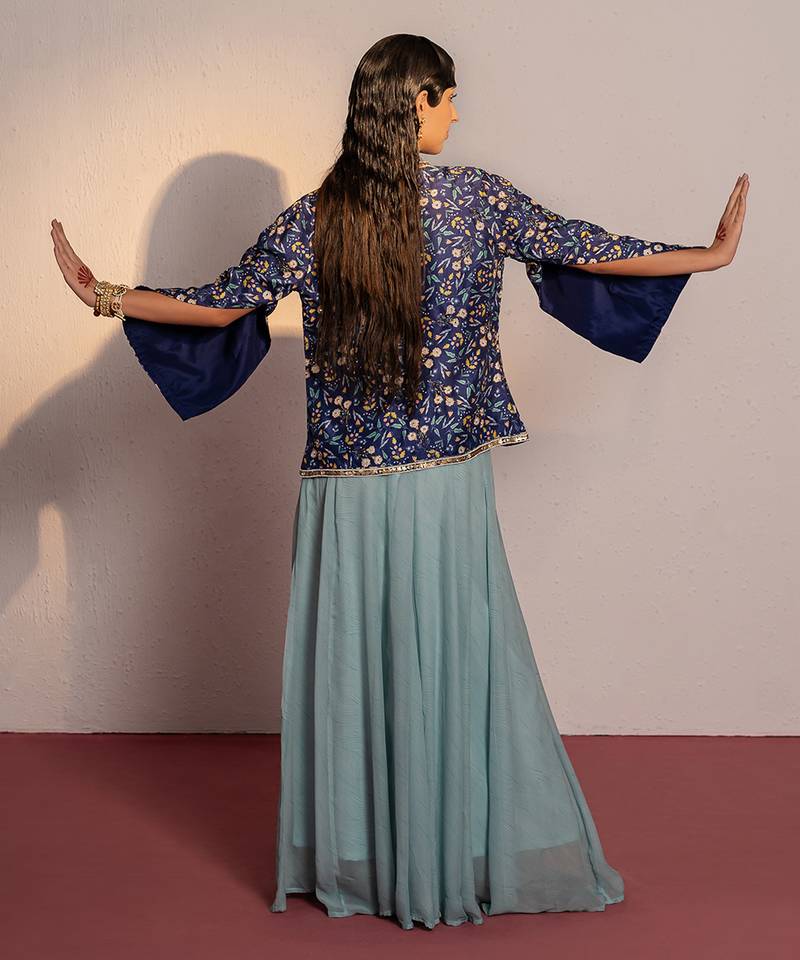 Royal blue embroidered viscose raw silk co ord set