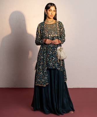 Green printed viscose georgette sharara set 1
