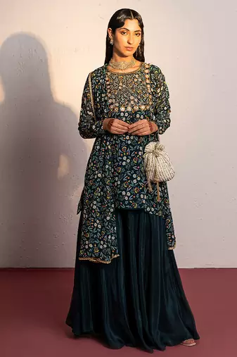 Green printed viscose georgette sharara set