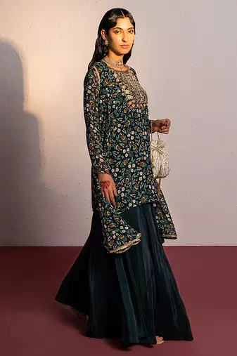 Green printed viscose georgette sharara set