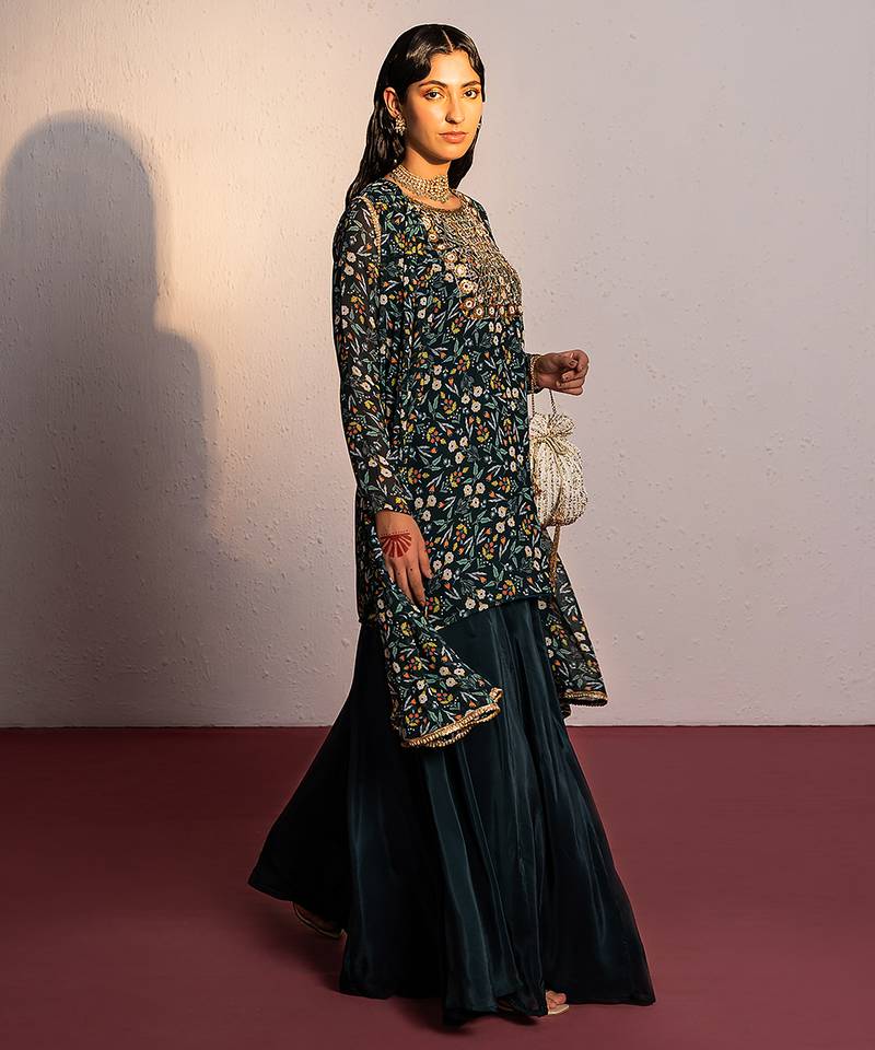 Green printed viscose georgette sharara set