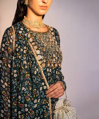 Green printed viscose georgette sharara set 3