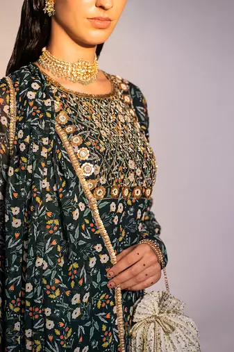 Green printed viscose georgette sharara set