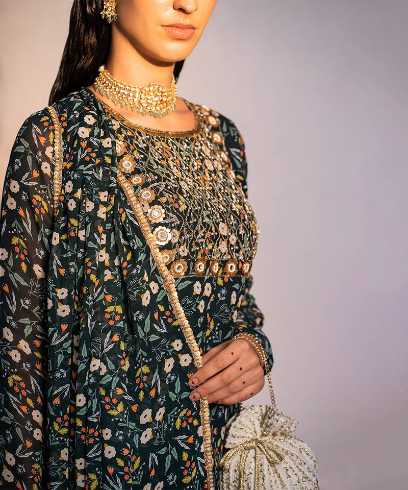 Green printed viscose georgette sharara set
