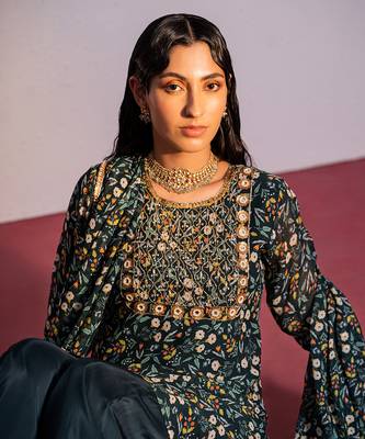 Green printed viscose georgette sharara set 4