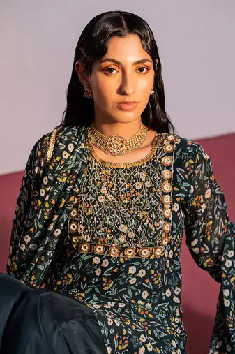 Green printed viscose georgette sharara set