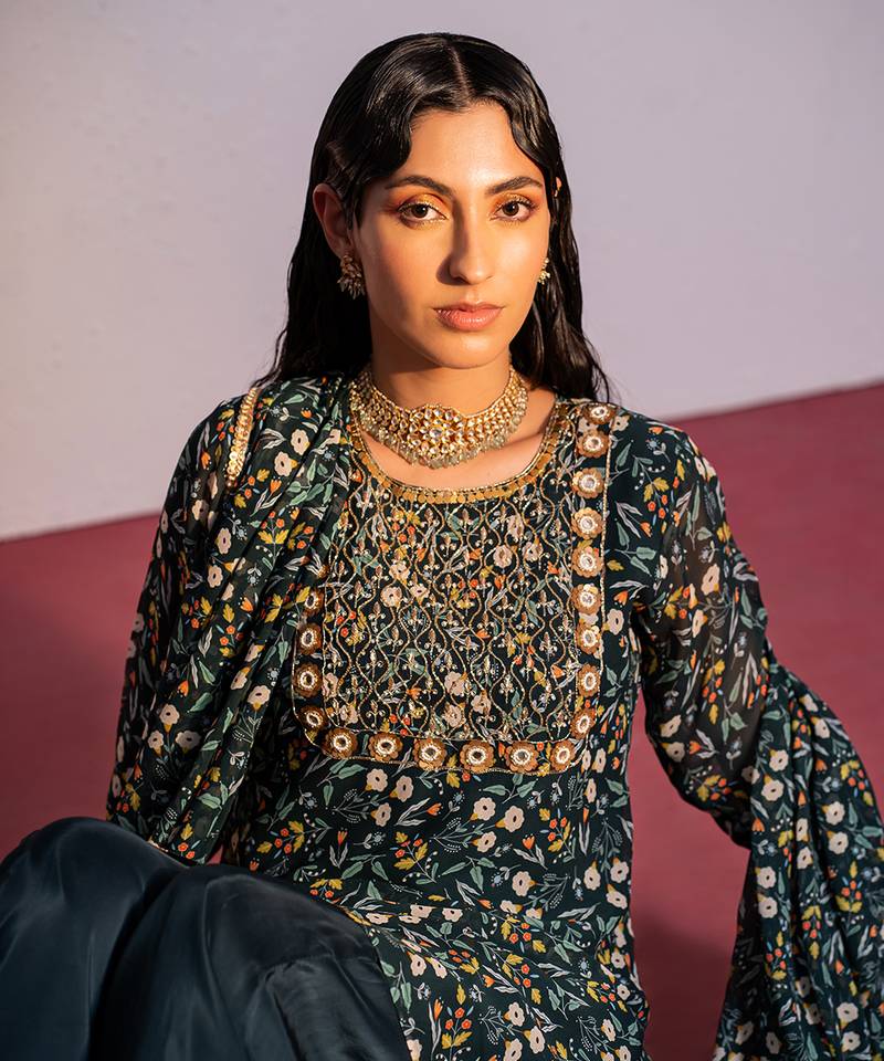 Green printed viscose georgette sharara set