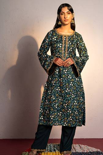 Green printed viscose raw silk kurta set