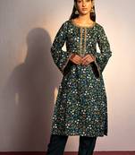 Green printed viscose raw silk kurta set