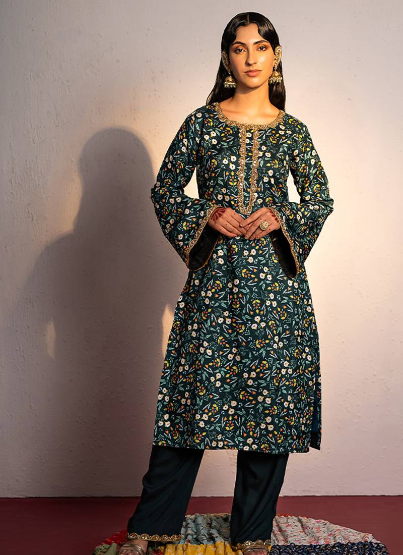 Green printed viscose raw silk kurta set
