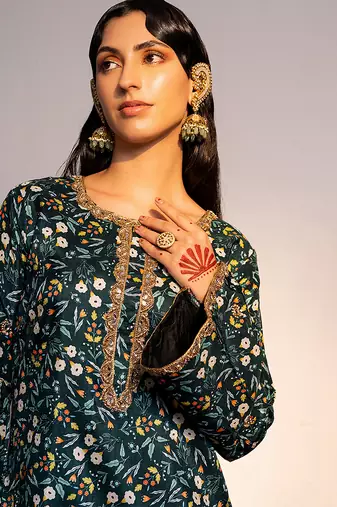 Green printed viscose raw silk kurta set