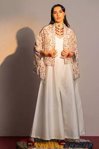 Ivory printed modal satin jumpsuit