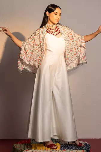 Ivory printed modal satin jumpsuit