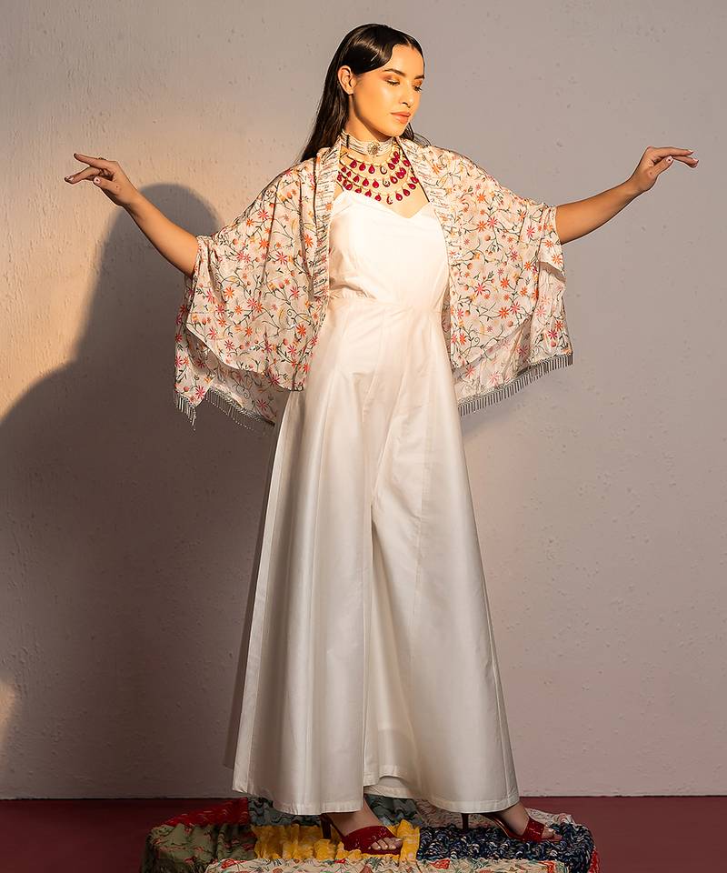 Ivory printed modal satin jumpsuit