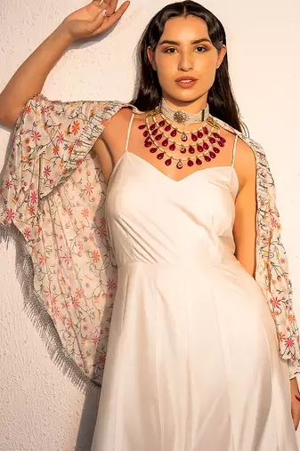 Ivory printed modal satin jumpsuit