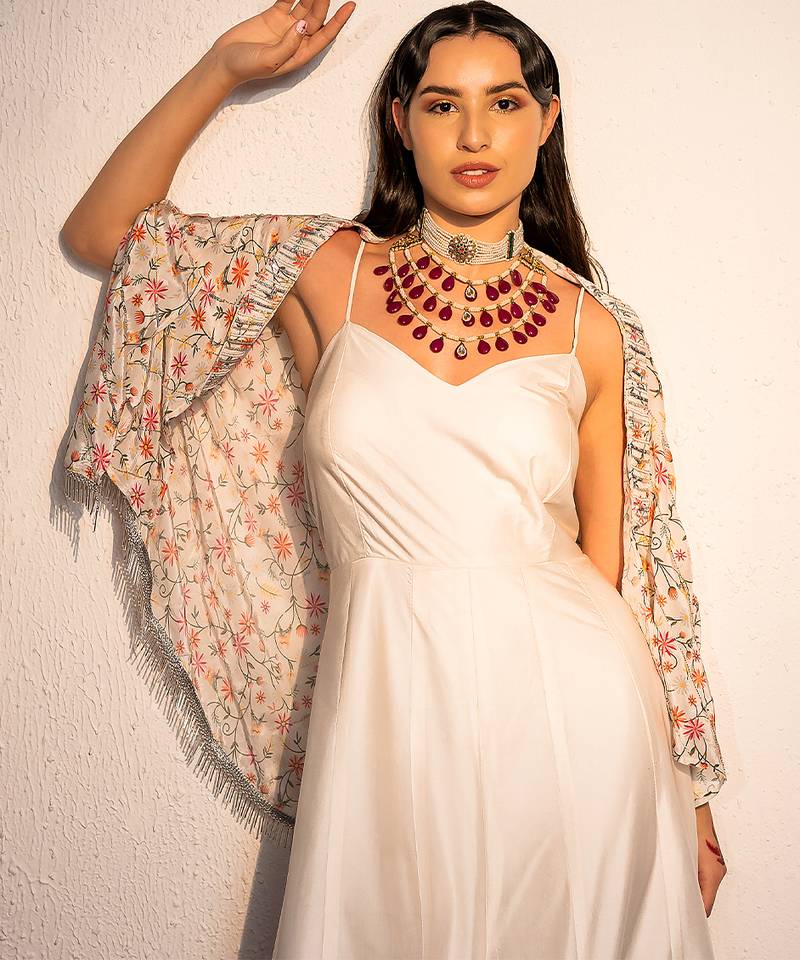 Ivory printed modal satin jumpsuit
