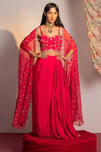 Hot pink embroidered viscose organza co ord set