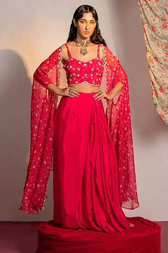Hot pink embroidered viscose organza co ord set