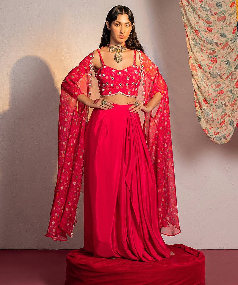 Hot pink embroidered viscose organza co ord set