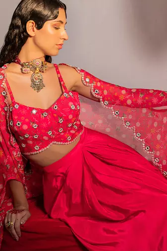 Hot pink embroidered viscose organza co ord set