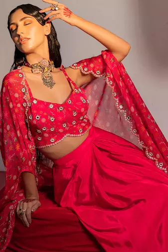 Hot pink embroidered viscose organza co ord set