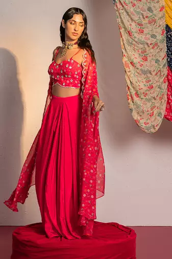 Hot pink embroidered viscose organza co ord set