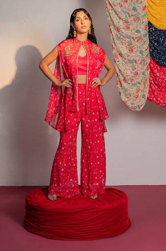 Hot pink embroidered viscose organza co ord set
