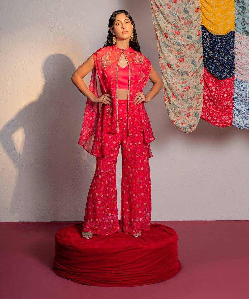 Hot pink embroidered viscose organza co ord set