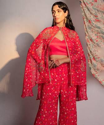 Hot pink embroidered viscose organza co ord set 2