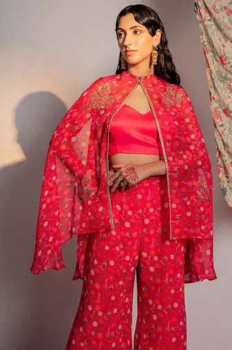 Hot pink embroidered viscose organza co ord set