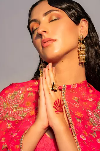 Hot pink embroidered viscose organza co ord set