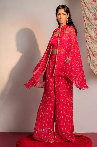 Hot pink embroidered viscose organza co ord set