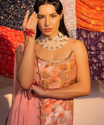 Coral embroidered viscose raw silk sharara set 1