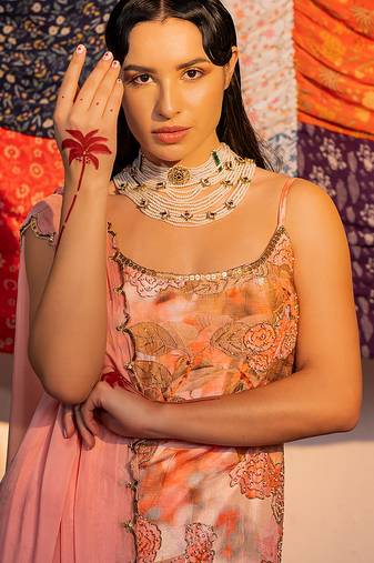 Coral embroidered viscose raw silk sharara set