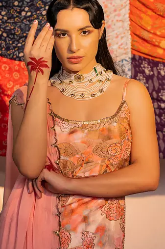 Coral embroidered viscose raw silk sharara set
