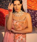 Coral embroidered viscose raw silk sharara set
