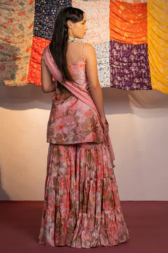 Coral embroidered viscose raw silk sharara set