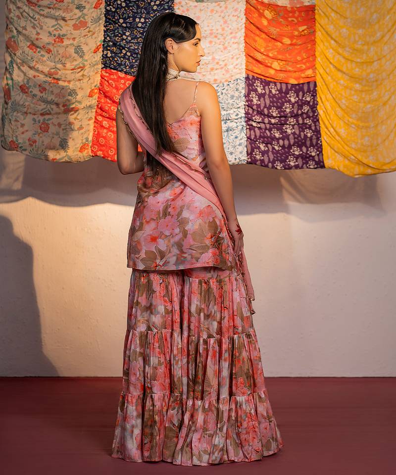 Coral embroidered viscose raw silk sharara set