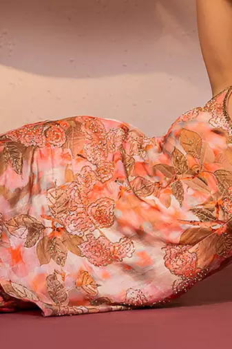 Coral embroidered viscose raw silk sharara set