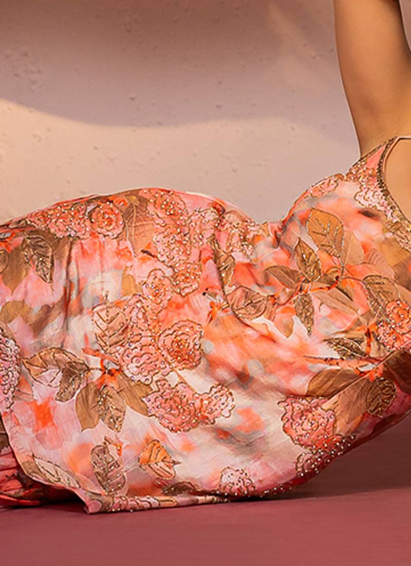 Coral embroidered viscose raw silk sharara set