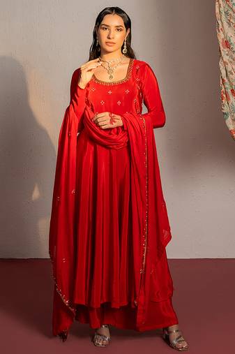Red embroidered crepe anarkali set